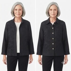 Multiples Jacket‎ Womens 3 Black 100% Silk Floral Embroidered Button Front Cuff